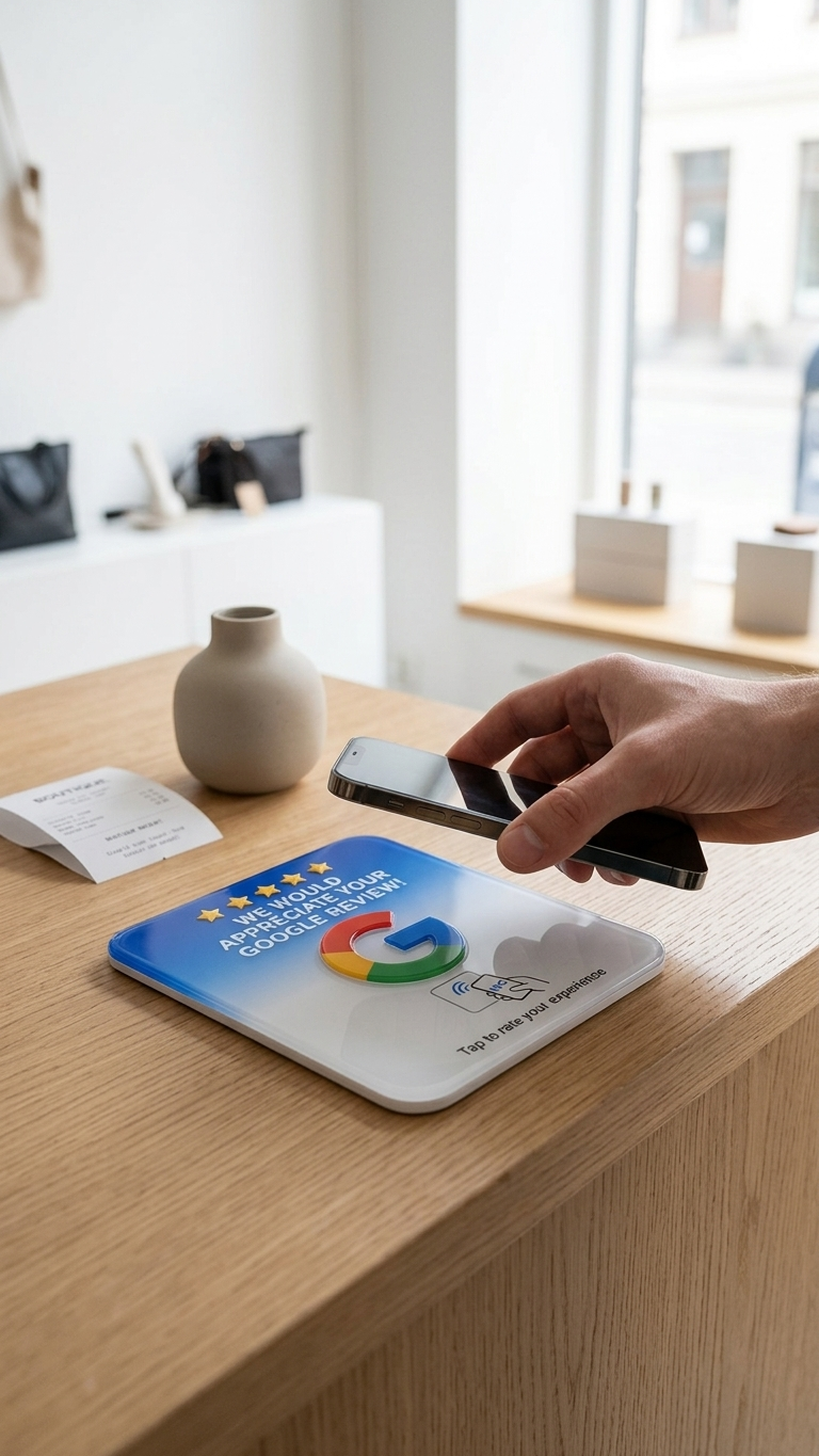Kund som håller mobilen mot ett Google Review NFC-kort på en disk